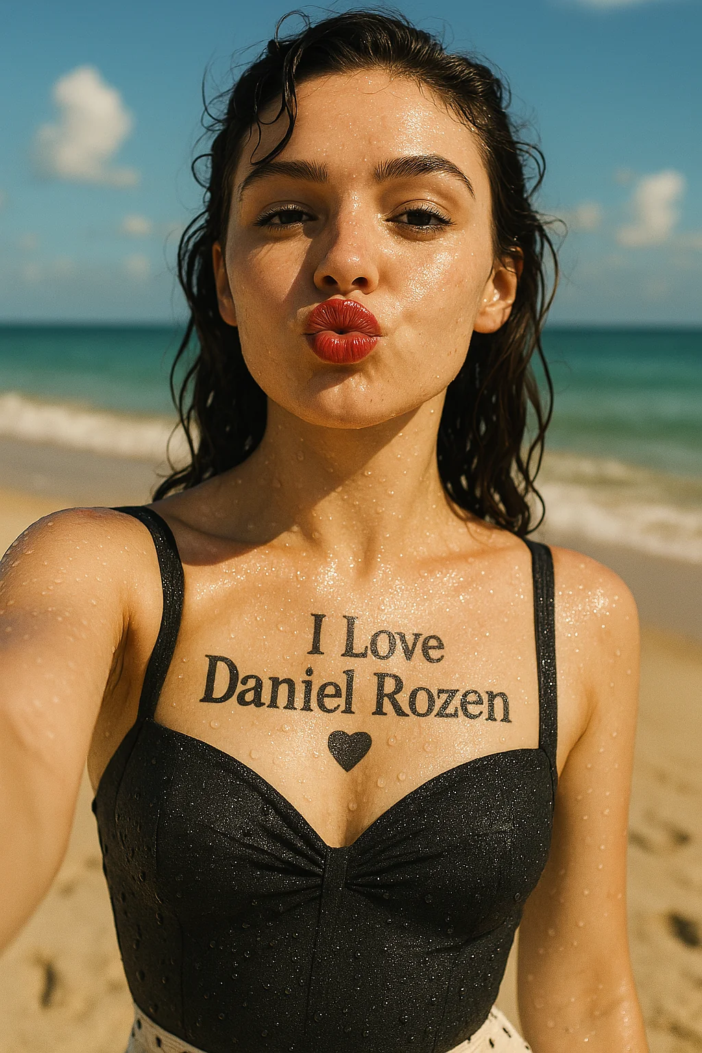 אישה בביקיני עם כיתוב I Love Daniel Rozen על החזה, עומדת על חוף – טיול חווייתי עם בן זוג להשכרה | טיול אקסטרים לנשים, בן זוג להשכרה ליום כיף, דייטים חווייתיים, הרפתקה עם גבר כריזמטי, טיולי שטח זוגיים, יום כיף רומנטי, חוויות אדרנלין, דייט חווייתי, בן זוג זמני, חוויות זוגיות מרגשות.